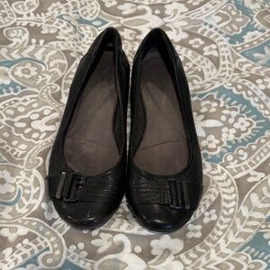 Clarks Black Leather Flats with Bow Detail